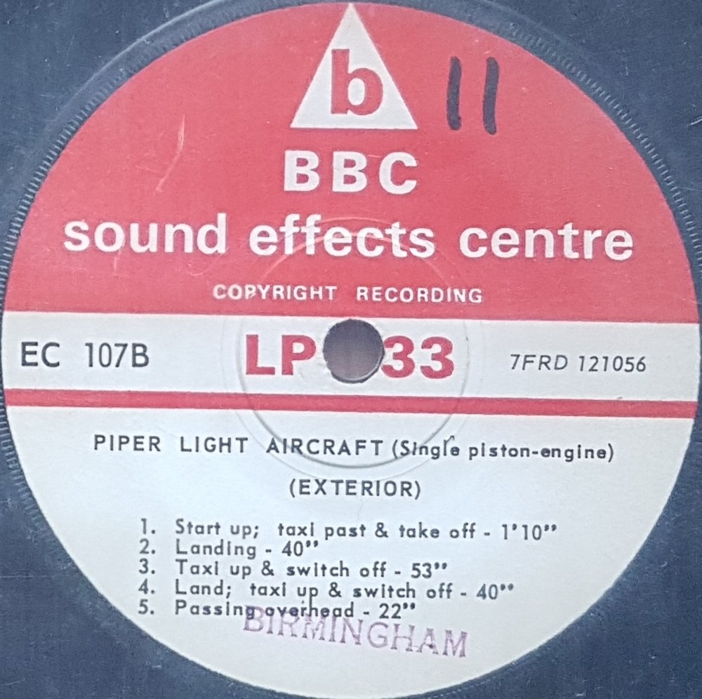 EC 107B Piper light aircraft (Single piston-engine) Not registered from the BBC records and Tapes library Label